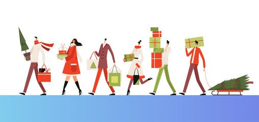 Group of people go together and carry New Year's purchases, gifts and spruce. Christmas shopping