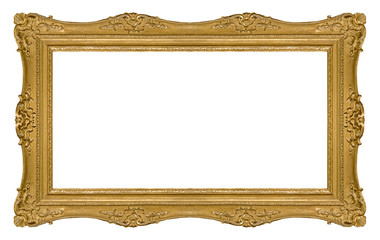 Panoramic golden frame for paintings, mirrors or photo isolated on white background