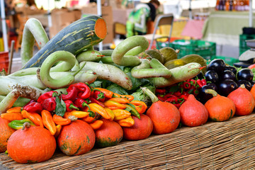 farmers market  different types of pumpkins, zucchini, red pepper, cabbage.  organic vegetables new harvest, market in Italy Tuscany Florence, vegan food , pumpkins halloween. selective focus