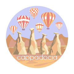 Vector illustration with a famous turkish tourist destination Cappadocia. The fairy chimneys, rocks, stones, and bright colorful hot air ballons in the sky. Travel to Turkey concept design.