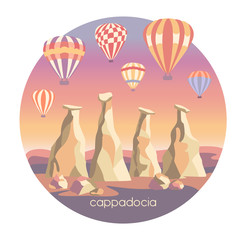 Cappadocia, Turkey. Travel illustration of a famous turkish landmark. The fairy chimneys, rocks, stones, bright colorful hot air ballons in the sunset sky. Card, template, banner and poster design. 