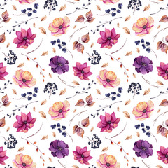 Seamless Pattern of Watercolor Pink and Purple Flowers