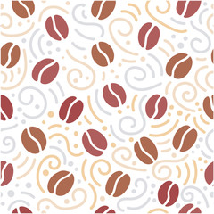 Vector seamless pattern with doodle coffee beans and decorative swirls, dots. Simple background design for coffee shop, cafe, restaurant decoration. Cute hand drawn backdrop.