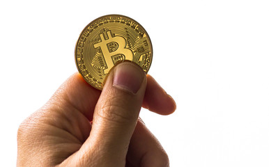 bitcoin in hand white background