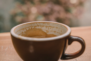 close-up coffee latte on the wood table.