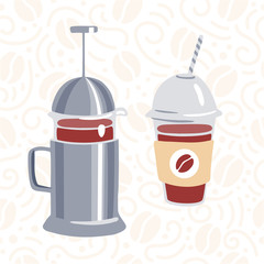 Vector illustration of a hot beverage maker French press and a take away glass of fresh coffee. Modern flat objects on seamless pattern background with coffee beans and decorative swirls and dots.