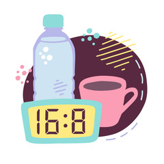 Vector illustration Intermittent fasting. Cute hand drawn bottle with water, cup of coffee and clock with the eating window. Time restricting eating image in modern flat style with doodle decorations.