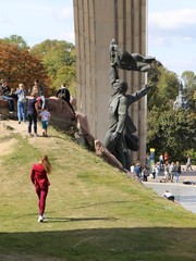 kyiv, kiev. ukraine, arch, volodymyrska hirka park, people, grass, green, woman, red, outdoors,