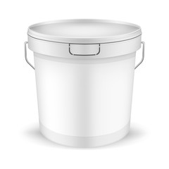 Plastic bucket with lid, metal handle and blank label, vector mockup. Packaging pail container, template