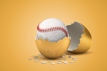 3d rendering of white baseball ball hatching out of golden egg on yellow background