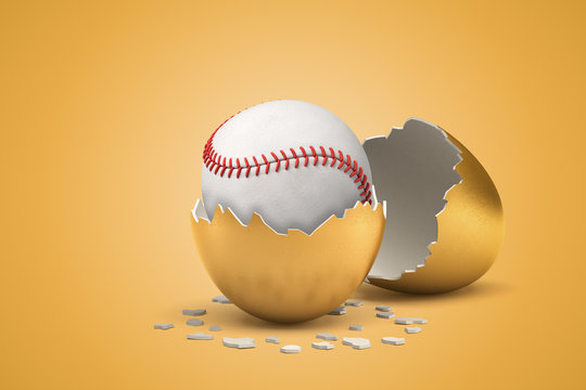 3d rendering of white baseball ball hatching out of golden egg on yellow background