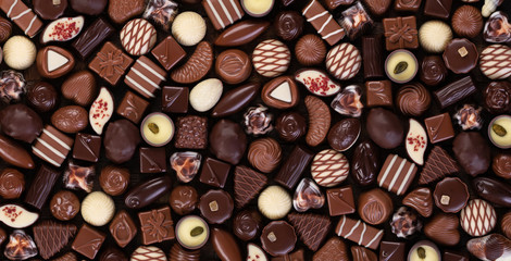 set of chocolate candies background, sweet dessert praline