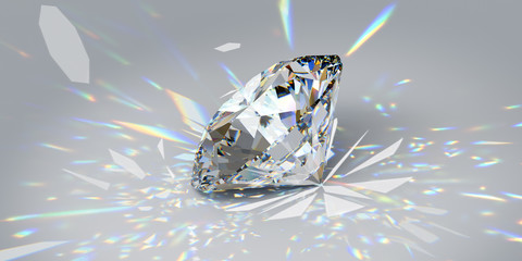 Round cut diamond on white background with colorful caustics rays. - obrazy, fototapety, plakaty