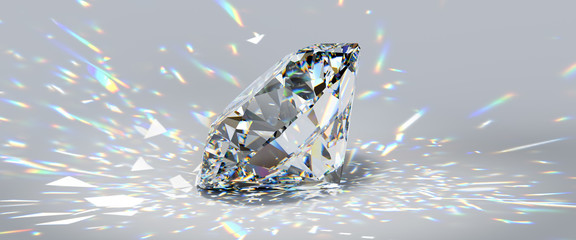 Round cut diamond on white background with colorful caustics rays.
