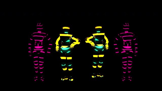Purple And Yellow Robots Dancing In A Group Seamless Video Loop