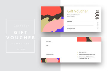 Abstract gift voucher card template. Modern discount coupon or certificate layout with geometric shape pattern. Vector fashion bright background design with information sample text.