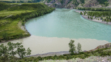 Top view of the confluence of the Chuya and Katun rivers with gray and azure water in the shape of...