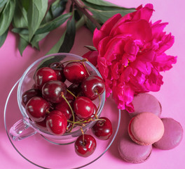 Cherries in the glass cup with macaroons and peony on pink - 290313922