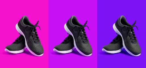 Sport shoes isolated on a colored background: yellow, orange, red. Black sneakers running shoes. Casual shoes. Youth style. Shoes for fitness, running, yoga.