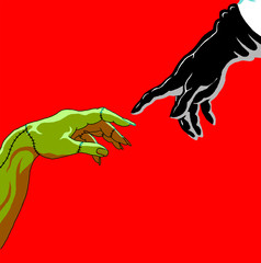 Obraz premium Version of the hand of God and Adam from the detail of the Sistine Chapel with the hand of Dr Frankenstein and the monster