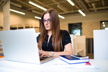 Obraz premium Woman experienced marketing coordinator searching information in internet via laptop computer, sitting in office. Female clever web editor using applications on notebook. Student learning online