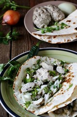 tacos with the brains of a cow, a sheep or a calf. Mexican food. dishes with offal. weird food