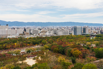 Fototapeta na wymiar Cityscape in Osaka during autumn from the top view of the city