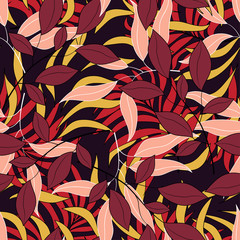Tropical seamless pattern with plants in red tones. Modern abstract design for fabric, paper, interior decor and other users, cover. Jungle leaf seamless vector floral pattern background.