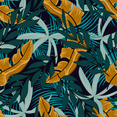 Seamless tropical pattern with green and yellow plants. Modern abstract design for fabric, paper, interior decor and other users, cover. Beautiful exotic plants. Trendy summer Hawaii print.