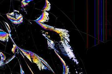 digital glitch, flowing crystals in the form of colored stripes and cracks on the broken screen of...