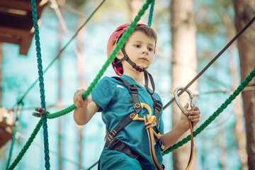 Boy enjoying activity in climbing adventure park at sunny summer day. Kid climbing in rope...