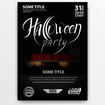Poster: "Helloween party". Dark poster with the bed under which hid monsters