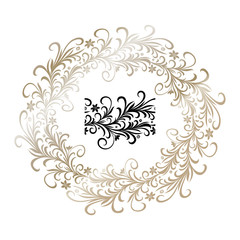 Vintage golden floral frame with brush element. Greeting card or congratulations template