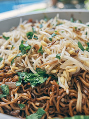 bean sprouts and noodles served in a bowl and viewed from above. you can see the fresh ingredients