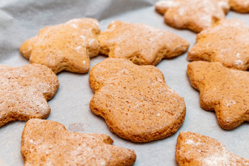 Fototapeta na wymiar Christmas New Year traditional homemade cookies biscuit stars and spruce shape preparation process