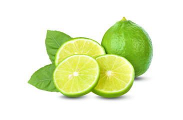 fresh lime slice with leaf on white background