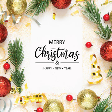 Inscription Merry Christmas and Happy New Year. Christmas decorations. Holiday and celebration concept. Top view. - Image