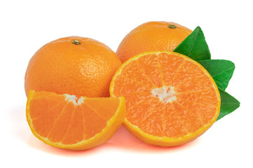 Orange half and slice with leaf isolated on white background with clipping path