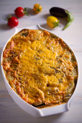 Traditional greek moussaka casserole is eggplant, potato  ground beef (or lamb) dish