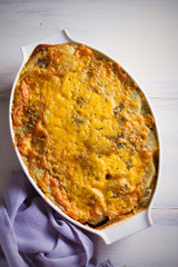 Traditional greek moussaka casserole is eggplant, potato  ground beef (or lamb) dish