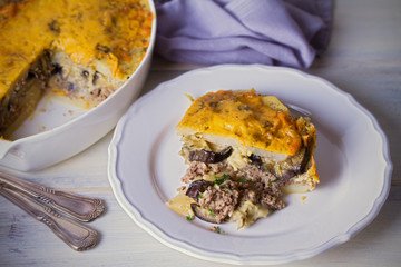 Traditional greek moussaka casserole is eggplant, potato  ground beef (or lamb) dish