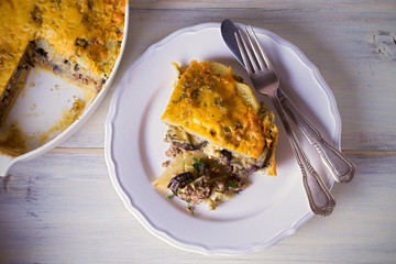 Traditional greek moussaka casserole is eggplant, potato  ground beef (or lamb) dish