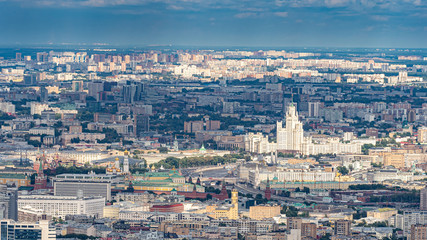 Russia. Panorama of Moscow from a bird's eye view. Architecture of the capital of Russia. City buildings. View of Moscow on a cloudy day. Cities of Russia.