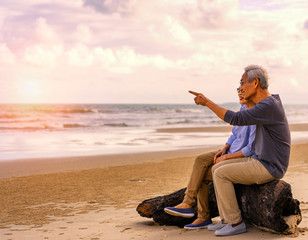 "The elderly couple sit on a relaxing hug on the wooden seas, lifting the hand, pointing forward.An elderly couple sitting on a log at the beach hugging each other..Man hand pointing forward"