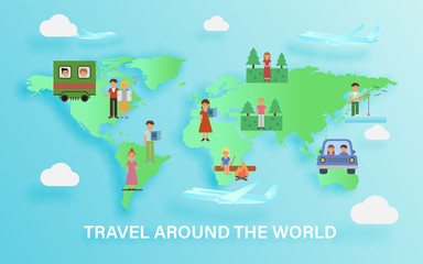 Set of people traveling around the world