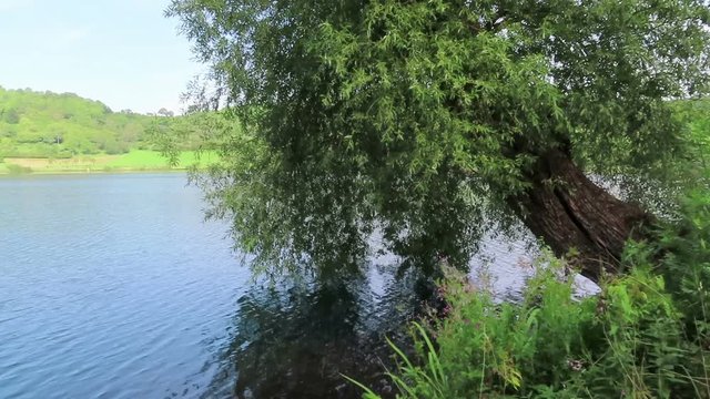 Landscape of Schalkenmehrener Maar lake in Eifel region of Germany. Volcanic crater landscape.