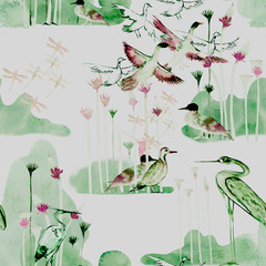 Seamless watercolor pattern with ducks, herons and reeds. Hunting season. Swamp. Baby Wallpaper. Duck, Heron and reeds. Children's illustration. Background for fabric, Wallpaper and design.Design for 