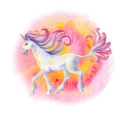 Walking unicorn with flowing mane and tail against of a spiral pink background. hand drawn...