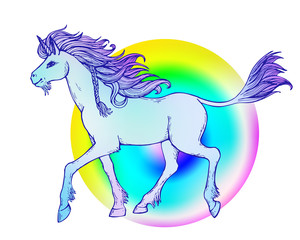 Obraz na płótnie Canvas Walking unicorn with flowing mane and tail against the background of a rainbow circle. hand drawn illustration.