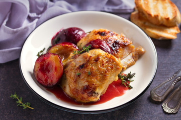 Chicken thighs and plums in ginger, honey and red wine sauce with thyme